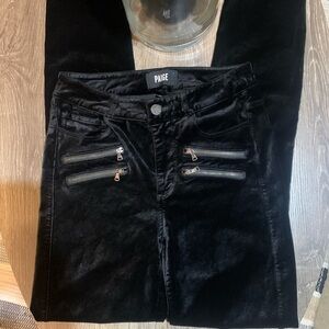 PAIGE High Rise Edgemont Velvety Feel Black Skinny Jeans Zipper Accents Sz. 25